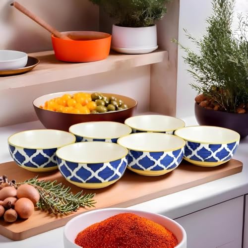 Moroccan Print Blue Ceramic Bowls Set of 3, Microwave & Dishwasher Safe Perfect for Serving Pasta, Maggi, Cereal, Snacks, Rice, Dal, Fruits, for Daily Use & Gifting.(75ml, 125ml & 200ml) - Image 2