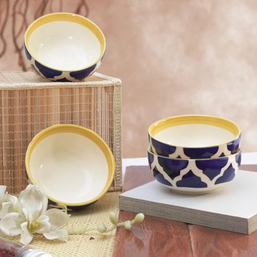 Moroccan Print Blue Ceramic Bowls Set of 3, Microwave & Dishwasher Safe Perfect for Serving Pasta, Maggi, Cereal, Snacks, Rice, Dal, Fruits, for Daily Use & Gifting.(75ml, 125ml & 200ml) - Image 3