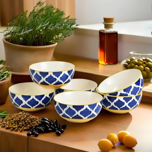 Moroccan Print Blue Ceramic Bowls Set of 3, Microwave & Dishwasher Safe Perfect for Serving Pasta, Maggi, Cereal, Snacks, Rice, Dal, Fruits, for Daily Use & Gifting.(75ml, 125ml & 200ml) - Image 4