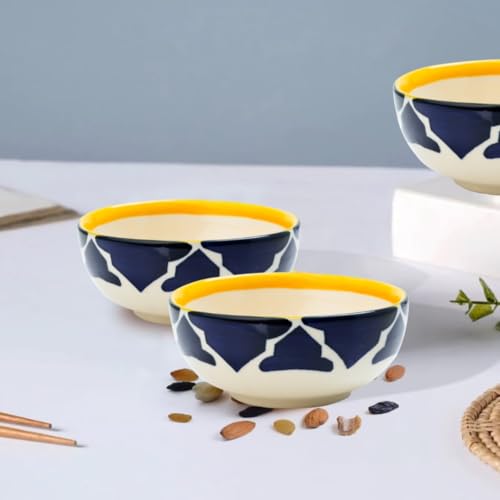 Moroccan Print Blue Ceramic Bowls Set of 3, Microwave & Dishwasher Safe Perfect for Serving Pasta, Maggi, Cereal, Snacks, Rice, Dal, Fruits, for Daily Use & Gifting.(75ml, 125ml & 200ml) - Image 5