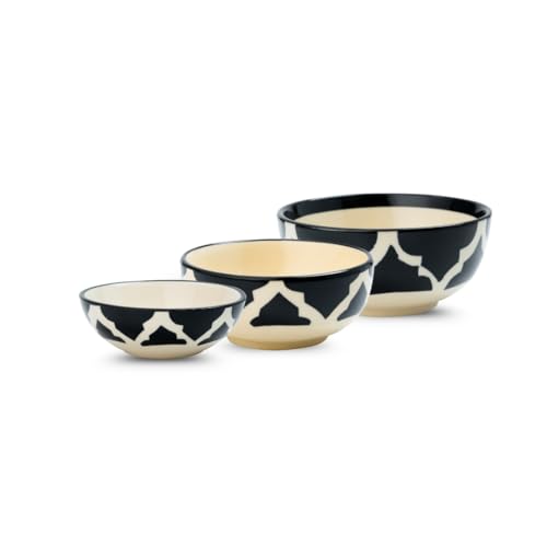 Moroccan Print Black Ceramic Bowls Set of 3, Microwave & Dishwasher Safe Perfect for Serving Pasta, Maggi, Cereal, Snacks, Rice, Dal, Fruits, for Daily Use & Gifting.(75ml, 125ml & 200ml)