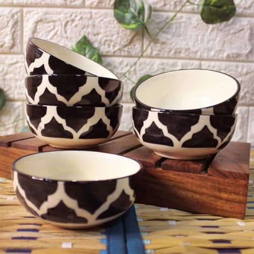 Moroccan Print Black Ceramic Bowls Set of 3, Microwave & Dishwasher Safe Perfect for Serving Pasta, Maggi, Cereal, Snacks, Rice, Dal, Fruits, for Daily Use & Gifting.(75ml, 125ml & 200ml) - Image 3