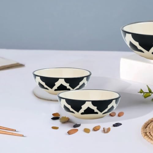 Moroccan Print Black Ceramic Bowls Set of 3, Microwave & Dishwasher Safe Perfect for Serving Pasta, Maggi, Cereal, Snacks, Rice, Dal, Fruits, for Daily Use & Gifting.(75ml, 125ml & 200ml) - Image 4