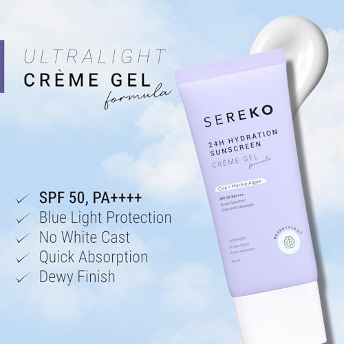 SEREKO Sunscreen SPF 50 PA++++ Crème Gel | Zero White Cast, Blue Light + UVA/UVB Protection | Quick Absorbing, Non-Greasy, 24H Hydration | For Men & Women | All Skin Types – 50ml - Image 4