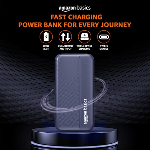 Amazon Basics 20000 mAh Power Bank | 22.5W Fast Charging | Dual Output & Input | Charge 3 Devices Simultaneously | for Smartphones, TWS Earbuds, Speakers, Tablets (Dark Blue) - Image 3