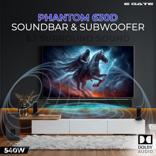 E GATE Phantom 630DW Dolby Audio 540W Soundbar, Home Theatre 5.1 Channel Sound bar for TV with Wireless Subwoofer (16.5cm) & 2 Satellite Speakers, 3 EQ Mode, Bluetooth 5.3, HDMI-ARC, Optical | eGate - Image 3