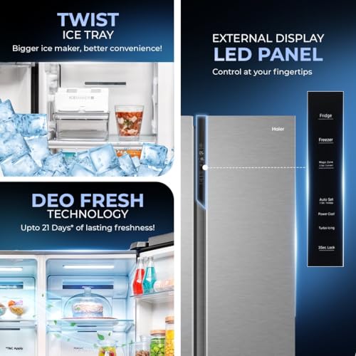 Haier 596L 3Star 2 Door Side by Side Frost Free Refrigerator|100% Convertible|Expert Inverter|Digital Display Panel|Twist Ice Tray|Deo Fresh Technology (HES-690SS, Shiny Silver) - Image 4
