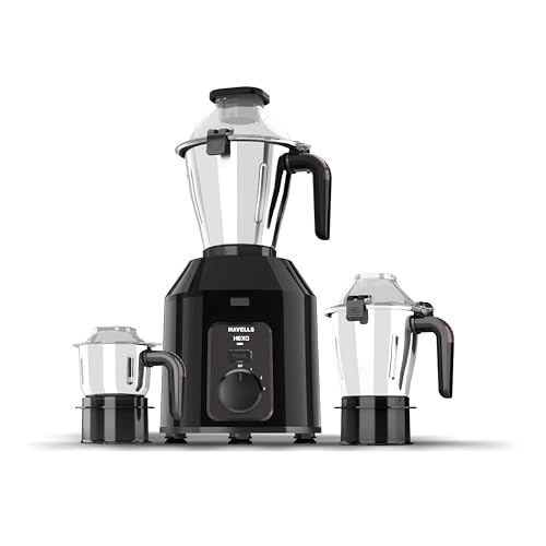 Havells Hexo Plus 1100 Watt Mixer Grinder | 3 Stainless Steel Jars with Handle | 22000 RPM High-Speed Motor | 100 Min Continuous Runtime | Metal Jar Base | 5 Year Motor Warranty (Black)