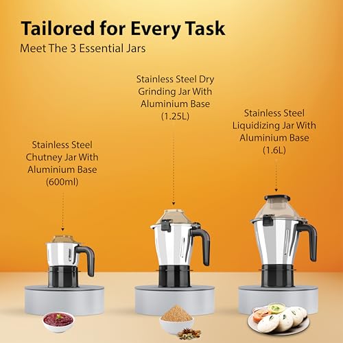 Havells Hexo Plus 1100 Watt Mixer Grinder | 3 Stainless Steel Jars with Handle | 22000 RPM High-Speed Motor | 100 Min Continuous Runtime | Metal Jar Base | 5 Year Motor Warranty (Black) - Image 3