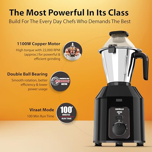 Havells Hexo Plus 1100 Watt Mixer Grinder | 3 Stainless Steel Jars with Handle | 22000 RPM High-Speed Motor | 100 Min Continuous Runtime | Metal Jar Base | 5 Year Motor Warranty (Black) - Image 4