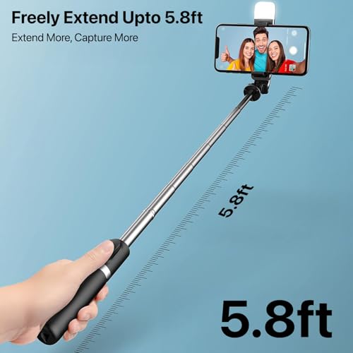 Vaku Luxos® Selfie Stick Tripod Stand with Fill Light & Wireless Remote, 69.6 inch/174CM Extendable Bluetooth Long Selfie Stick Compatible with iPhone & Android, Best for Vlogging, Reels & Travel - Image 5