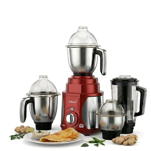 Indicon Rover 1350W Copper Motor Mixer Grinder with 4 Jars (3 Stainless Steel + 1 Juicer Jar), 3-Speed Control, Heavy Duty Grinding & Blending for Kitchen, Red (Red)