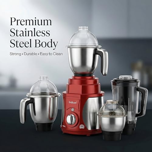 Indicon Rover 1350W Copper Motor Mixer Grinder with 4 Jars (3 Stainless Steel + 1 Juicer Jar), 3-Speed Control, Heavy Duty Grinding & Blending for Kitchen, Red (Red) - Image 2