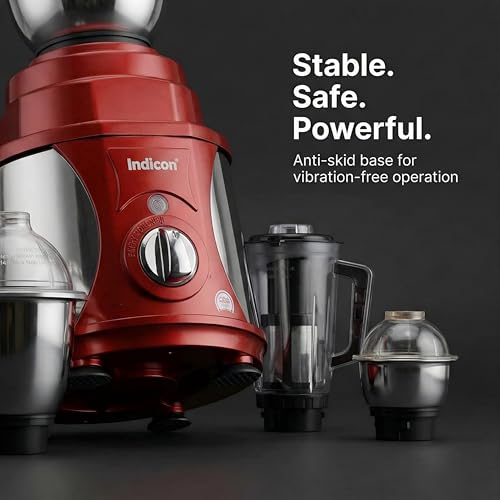 Indicon Rover 1350W Copper Motor Mixer Grinder with 4 Jars (3 Stainless Steel + 1 Juicer Jar), 3-Speed Control, Heavy Duty Grinding & Blending for Kitchen, Red (Red) - Image 3