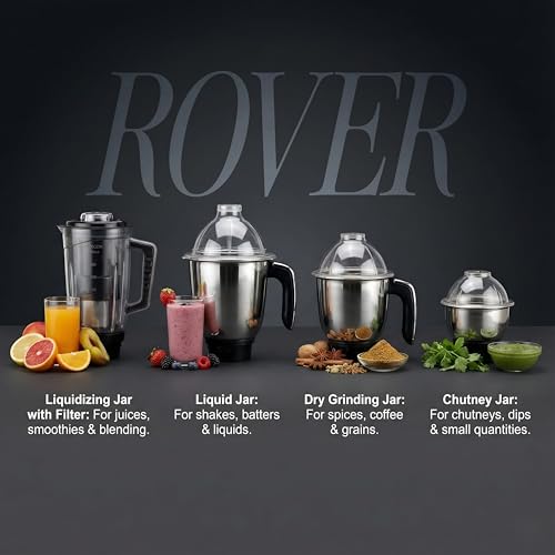 Indicon Rover 1350W Copper Motor Mixer Grinder with 4 Jars (3 Stainless Steel + 1 Juicer Jar), 3-Speed Control, Heavy Duty Grinding & Blending for Kitchen, Red (Red) - Image 4