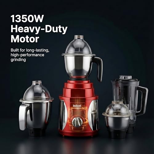 Indicon Rover 1350W Copper Motor Mixer Grinder with 4 Jars (3 Stainless Steel + 1 Juicer Jar), 3-Speed Control, Heavy Duty Grinding & Blending for Kitchen, Red (Red) - Image 5