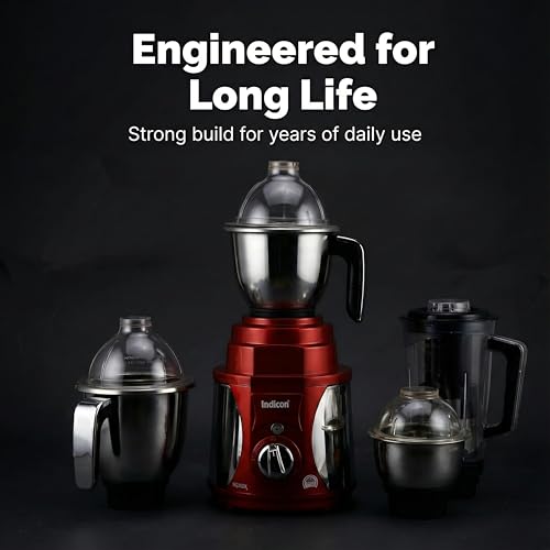Indicon Rover 1350W Copper Motor Mixer Grinder with 4 Jars (3 Stainless Steel + 1 Juicer Jar), 3-Speed Control, Heavy Duty Grinding & Blending for Kitchen, Red (Red) - Image 6
