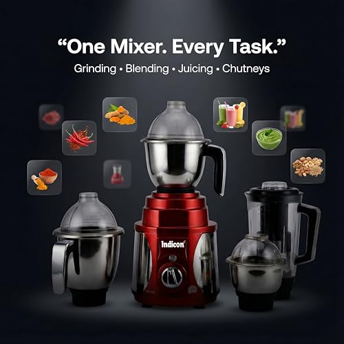 Indicon Rover 1350W Copper Motor Mixer Grinder with 4 Jars (3 Stainless Steel + 1 Juicer Jar), 3-Speed Control, Heavy Duty Grinding & Blending for Kitchen, Red (Red) - Image 7