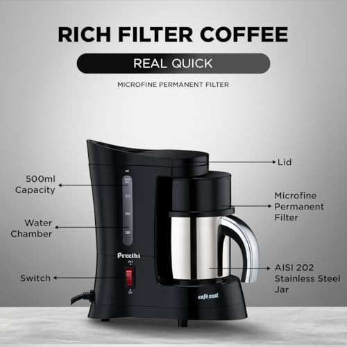 Preethi Cafe Zest Drip Coffee Maker| 450W Coffee Machine for Home | 500ml Capacity | Black (CM 210) - Image 5