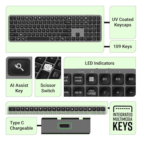 ZEBRONICS K5002MW Slim Wireless Keyboard with in-Built Battery, Copilot AI Key, Windows | Mac | iOS | Android, Scissor Switch, 3 Bluetooth + 2.4Ghz, 109 Keys, 13 Multimedia Keys, Type C Charging - Image 5