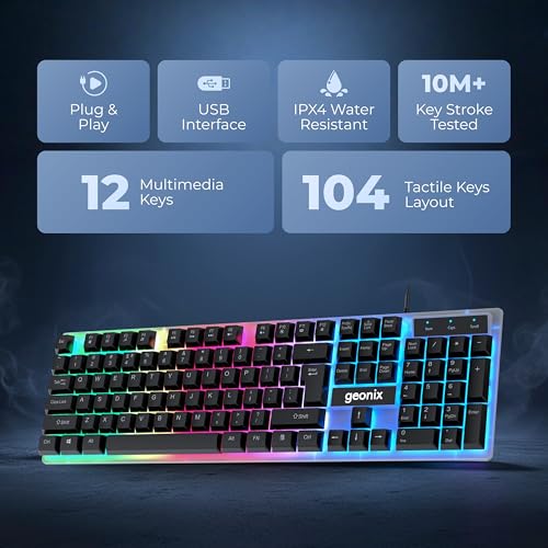 Geonix Cruiser K5, Wired Gaming Keyboard, 104 Keys, 1.5m Cable, 12 Multimedia Keys, USB Interface, RGB Colour, Plug and Play - Image 2
