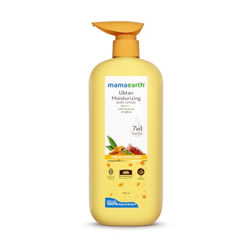 Mamaearth Ubtan Moisturizing Body Lotion with Turmeric & Saffron for Glowing Skin | 48 Hrs Moisturization | Nourishes Dry Skin | 7 in1 Total Care | 100% Natural Butter | Non-Greasy Smooth Skin | 400 ml