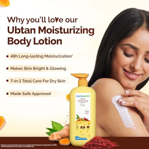 Mamaearth Ubtan Moisturizing Body Lotion with Turmeric & Saffron for Glowing Skin | 48 Hrs Moisturization | Nourishes Dry Skin | 7 in1 Total Care | 100% Natural Butter | Non-Greasy Smooth Skin | 400 ml - Image 3