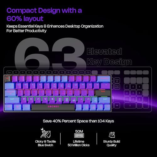 Archer Tech Lab Wired Mechanical Gaming Keyboard| 60% Compact, 63 Keys+ 26 Anti-Ghosting, Blue Switches Tactile Feedback, 17 RGB Effects, 50 Million Clicks for Laptop Mac PS4 PS5 Xbox (Astra M400) - Image 3