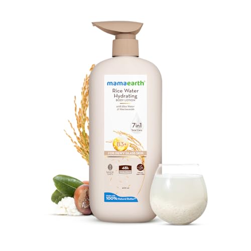 Mamaearth Rice Water Hydrating Body Lotion with Rice Water & Niacinamide for Dewy Glass Skin | 48 Hrs Moisturizating & Nourishing | For Dry Skin | 7 in1 Total Care | 100% Natural Butter | Non Greasy Smooth Skin | 400 ml - Image 3