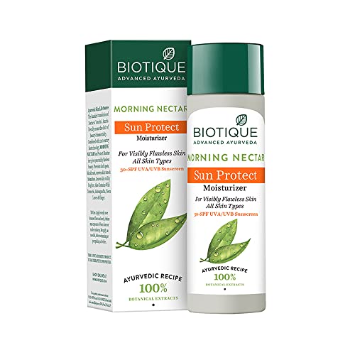 Biotique Morning Nectar Sun Protect Moisturizer SPF 30 UVA/UVB Sunscreen| Contains Wild Turmeric, Neem Leaves, & Morning Nectar | Visibly Flawless Skin | Suitable for All Skin Types | 120 ml