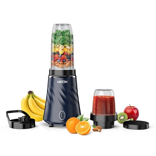 Milton Appliances Nutripure 350W Juicer Mixer Grinder | Mini Mixer Grinder with 2 Unbreakable Jars (600 ml On-the-Go & 300 ml Chutney),SS 304 Super Sharp Blades, Smoothie Maker, 2Y Warranty, Dark Blue