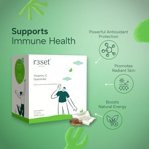R3SET Vitamin C Gummies - 30 Days | Boosts Immunity & Enhances Skin Glow | Gluten-Free | Daily Antioxidant Support for Radiant Skin & Overall Wellness I Zero Calorie | Orange Flavoured - Image 2