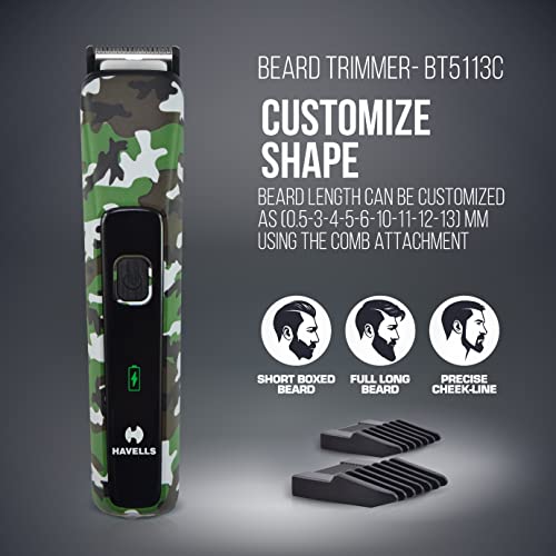 Havells Bt5113 Rechargeable Beard Trimmer,Super Fast Charge,Trimming Lengths Upto 13 Mm For Multiple Styles (Military) (Black&Green),Men - Image 5