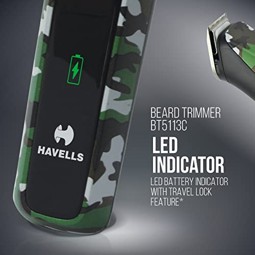 Havells Bt5113 Rechargeable Beard Trimmer,Super Fast Charge,Trimming Lengths Upto 13 Mm For Multiple Styles (Military) (Black&Green),Men - Image 7