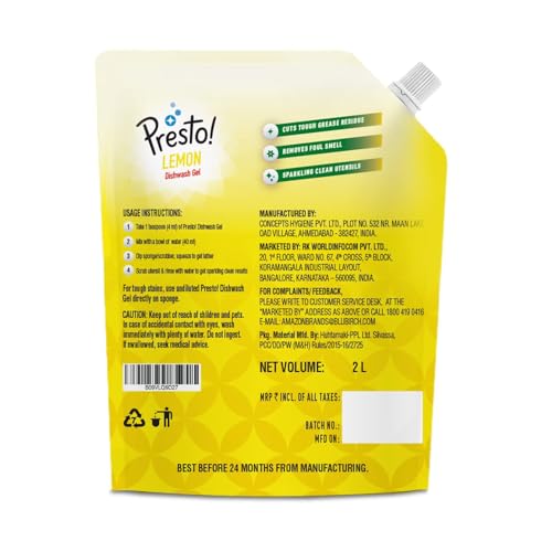 Amazon Brand - Presto! Dishwash Gel Refill Pouch | Lemon | 2 Litre | Leaves No Residue And Foul Smell | Grease Cleaner For All Utensils - Image 7
