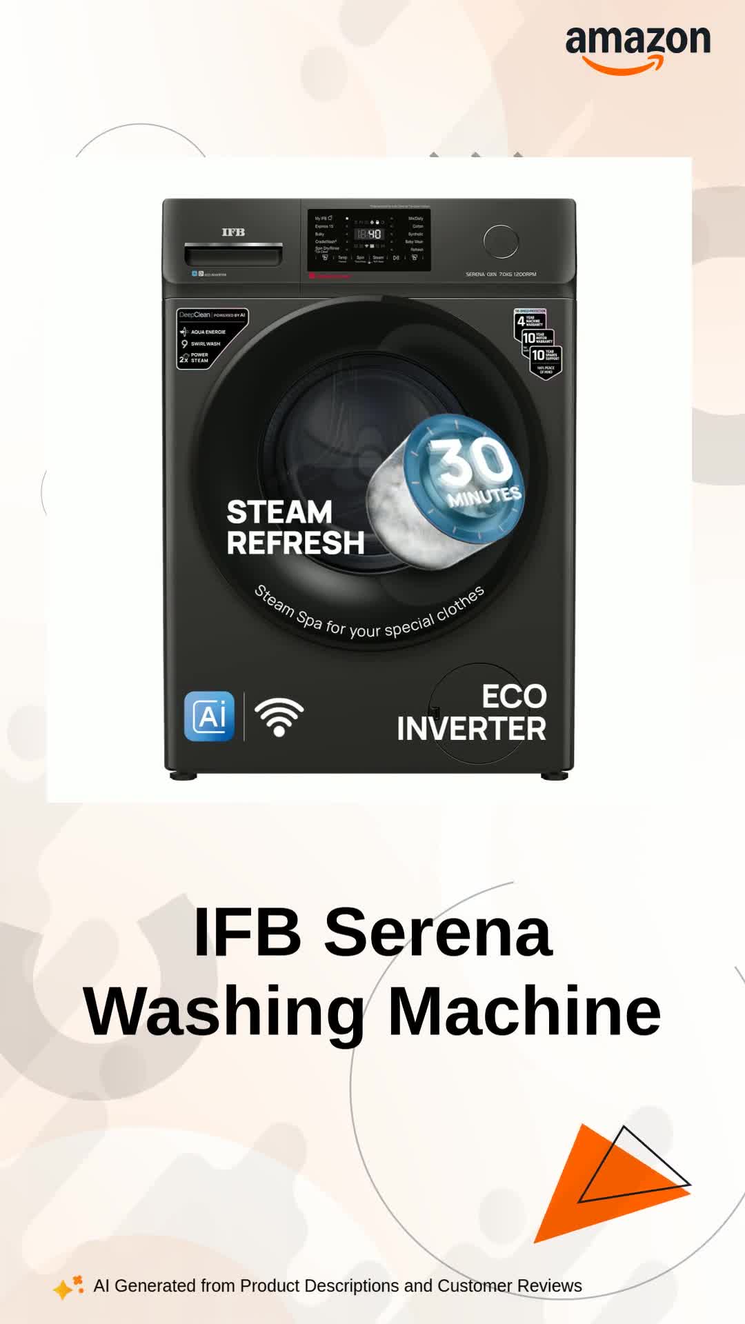 IFB 7 Kg 5 Star, DeepClean® Technology, AI Powered, WiFi, Fully Automatic Front Load Washing Machine (SERENA OXN 7012 CMS, PowerSteam®, 9 Swirl, Steam Refresh, Inbuilt Heater, Eco Inverter, Onyx) - Image 2