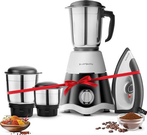 Longway Super Dlx Mixer Grinder with Kwid 1100W Dry Iron | Up to 700 Watt Powerful Motor | 3 Jars for Grinding, Mixing, Juicing | 2 Year Warranty (Black & Gray, Combo Offer)