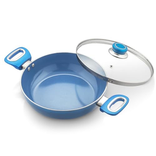 Amazon Brand - Solimo Blue Ceramic Non Stick Induction Base Deep Kadai 24Cm with Glass Lid