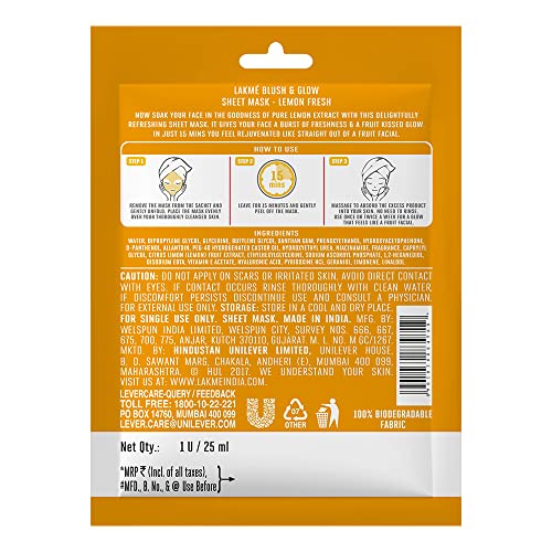 Lakme Blush & Glow Lemon Sheet Mask, 25 ml - Image 2