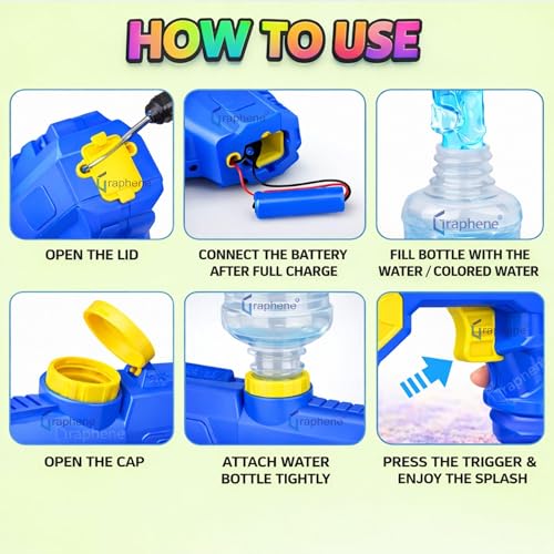 GRAPHENE Holi Pichkari Automatic Electric Water Gun for Kids High Pressure Rechargeable Battery Long Range Blaster Squirt Premium Water Pistol Spray Holi Toy Gun Summer Fun Pool Outdoor 4+ Boys Girls - Image 3