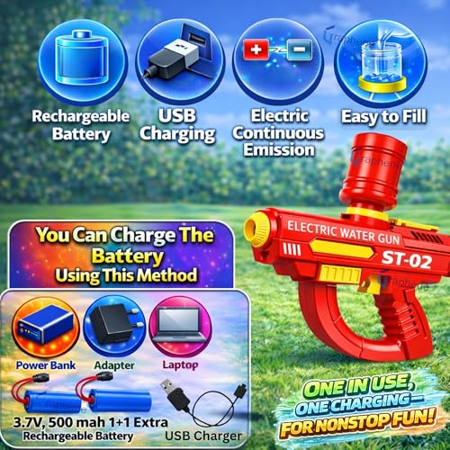 GRAPHENE Holi Pichkari Automatic Electric Water Gun for Kids High Pressure Rechargeable Battery Long Range Blaster Squirt Premium Water Pistol Spray Holi Toy Gun Summer Fun Pool Outdoor 4+ Boys Girls - Image 7