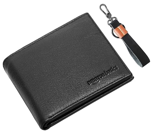 amazon basics Genuine Leather Wallet, Keyring in Gift Box Packaging- Classic Men's Gifting Combo (Solid Black)