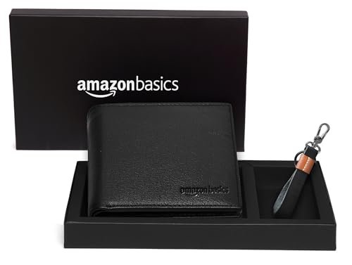 amazon basics Genuine Leather Wallet, Keyring in Gift Box Packaging- Classic Men's Gifting Combo (Solid Black) - Image 2