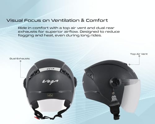 Vega Aster ISI Certified Full Face Motorcycle Helmet with Impact Resistant ABS Shell High Density EPS Liner Scratch Resistant Visor Quick Release Buckle Comfortable Inner Padding Black Helmet-L - Image 4