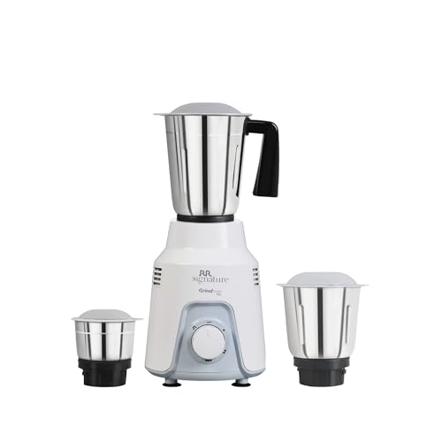 RR Signature Grindmate DLX 500-Watt Mixer Grinder |Mixie For All Kitchen Needs With 3 Jars (3 SS Jars for Chutney, Shakes, Dry Or Wet Grinding) | White | 2 Year Warranty on Product & 5 Year on Motor