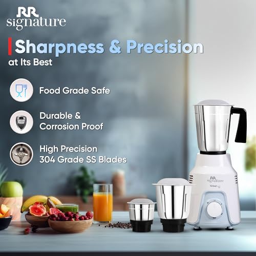 RR Signature Grindmate DLX 500-Watt Mixer Grinder |Mixie For All Kitchen Needs With 3 Jars (3 SS Jars for Chutney, Shakes, Dry Or Wet Grinding) | White | 2 Year Warranty on Product & 5 Year on Motor - Image 3
