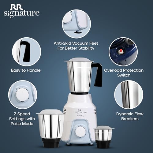 RR Signature Grindmate DLX 500-Watt Mixer Grinder |Mixie For All Kitchen Needs With 3 Jars (3 SS Jars for Chutney, Shakes, Dry Or Wet Grinding) | White | 2 Year Warranty on Product & 5 Year on Motor - Image 5