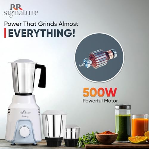 RR Signature Grindmate DLX 500-Watt Mixer Grinder |Mixie For All Kitchen Needs With 3 Jars (3 SS Jars for Chutney, Shakes, Dry Or Wet Grinding) | White | 2 Year Warranty on Product & 5 Year on Motor - Image 6