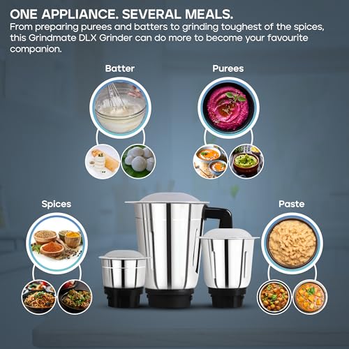 RR Signature Grindmate DLX 500-Watt Mixer Grinder |Mixie For All Kitchen Needs With 3 Jars (3 SS Jars for Chutney, Shakes, Dry Or Wet Grinding) | White | 2 Year Warranty on Product & 5 Year on Motor - Image 7