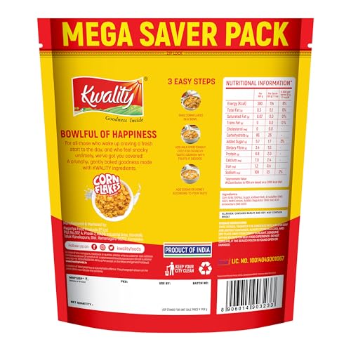 Kwality Corn Flakes 800g | Made with Golden Corns | 99% Fat Free, Natural Source of Vitamin & Iron | High in Protein & Fiber | Healthy Breakfast Cereal - Image 3